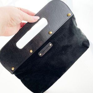 Carrie Dunham- Black leather and suede oversize clutch gold stud grommets